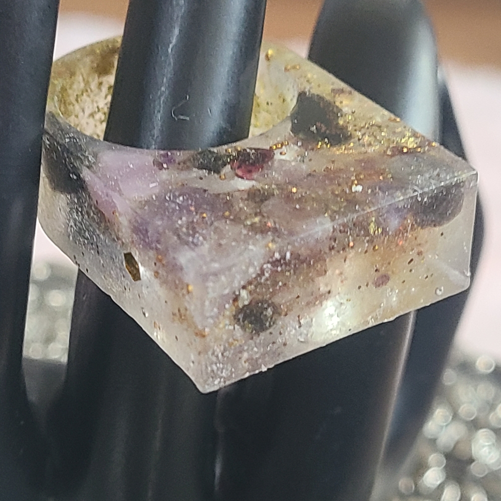 Square Resin Ring with Gold and Purple Accents